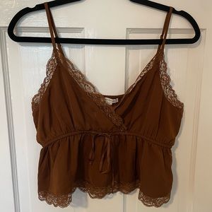 AE Brown Lace Trim Tie Tank Top